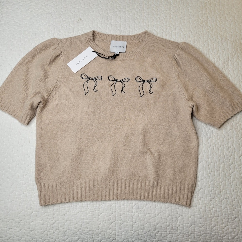 Pink Rose Short Sleeve Sweater Womens Sz M Tan Embroidered Bows Puff Sleeve NEW - Picture 4 of 13
